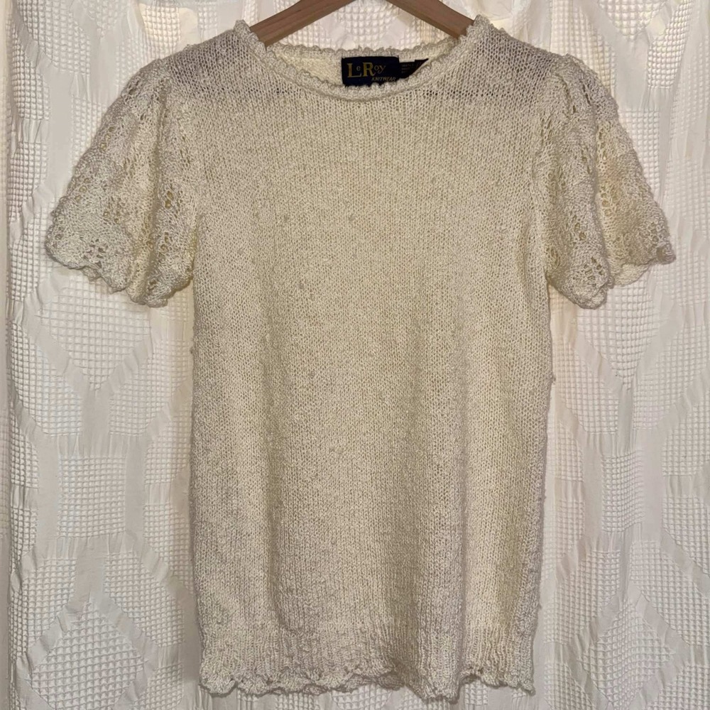 Vintage LeRoy Knitwear Sweater Cream Puff Sleeve Pointelle Cottagecore Boho Sm
